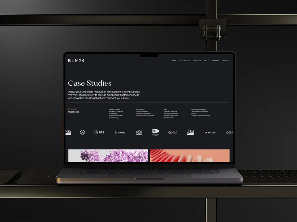 BLN24 — Branding and website design case study, laptop mockup showing Case Studies page