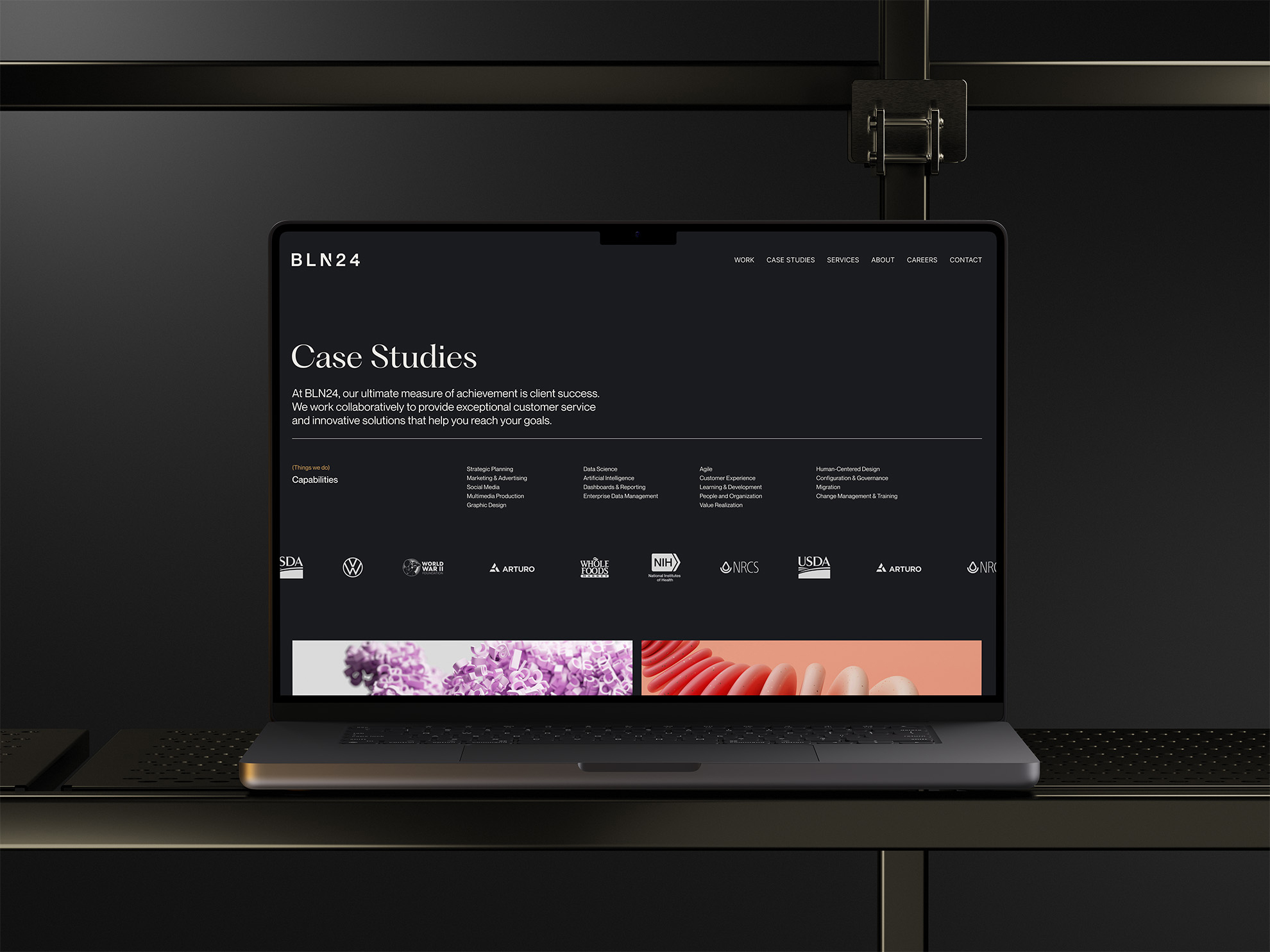 BLN24 website Case Studies page displayed on a laptop