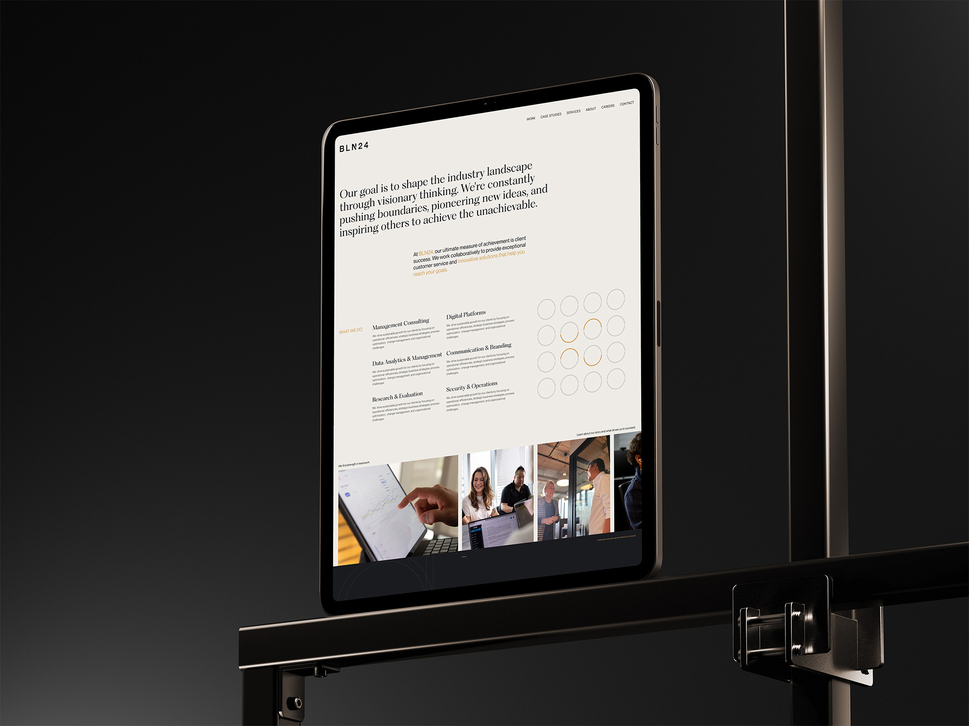 BLN24 website About page displayed on a tablet