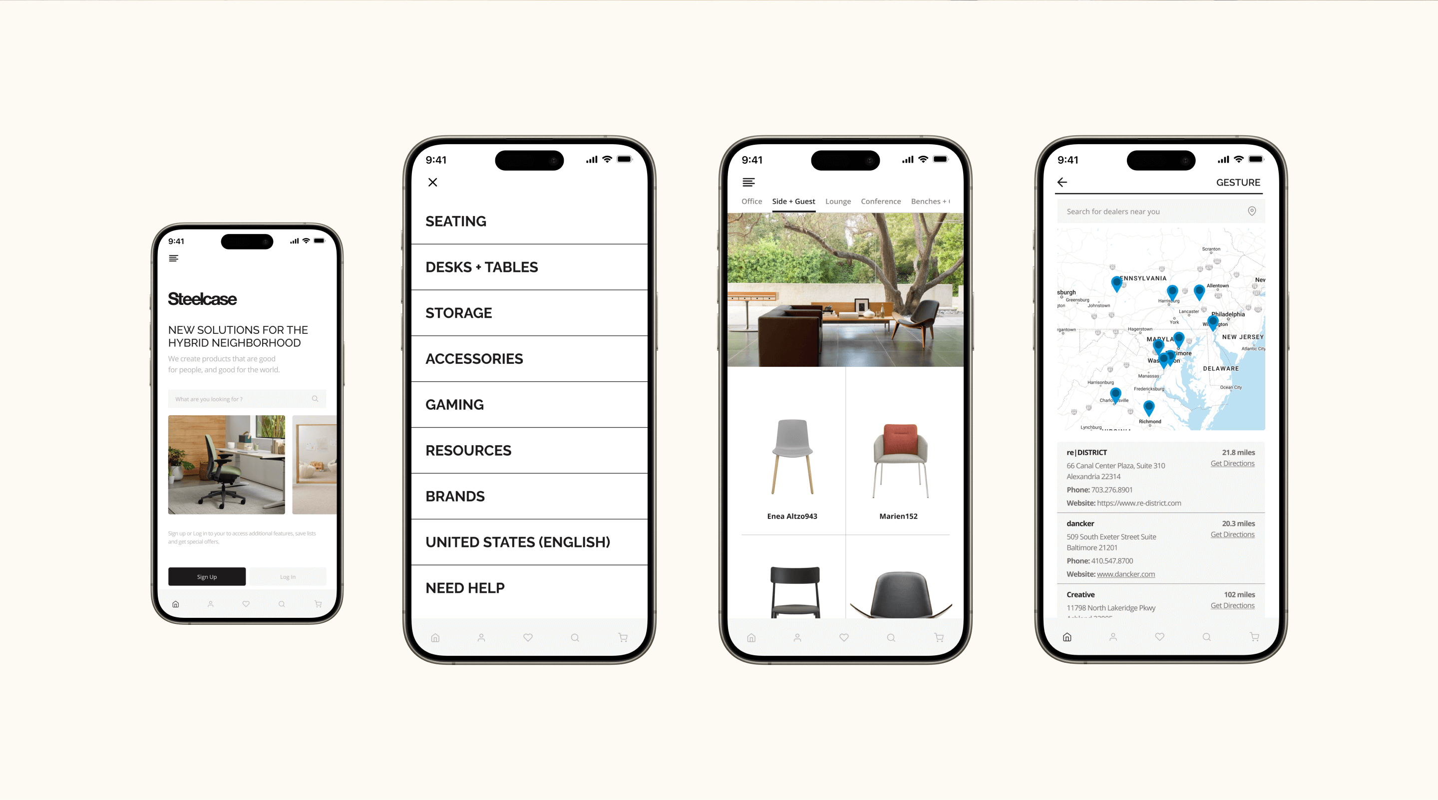 Steelcase mobile app — four key screens showing homepage, navigation, product catalog, and dealer locator