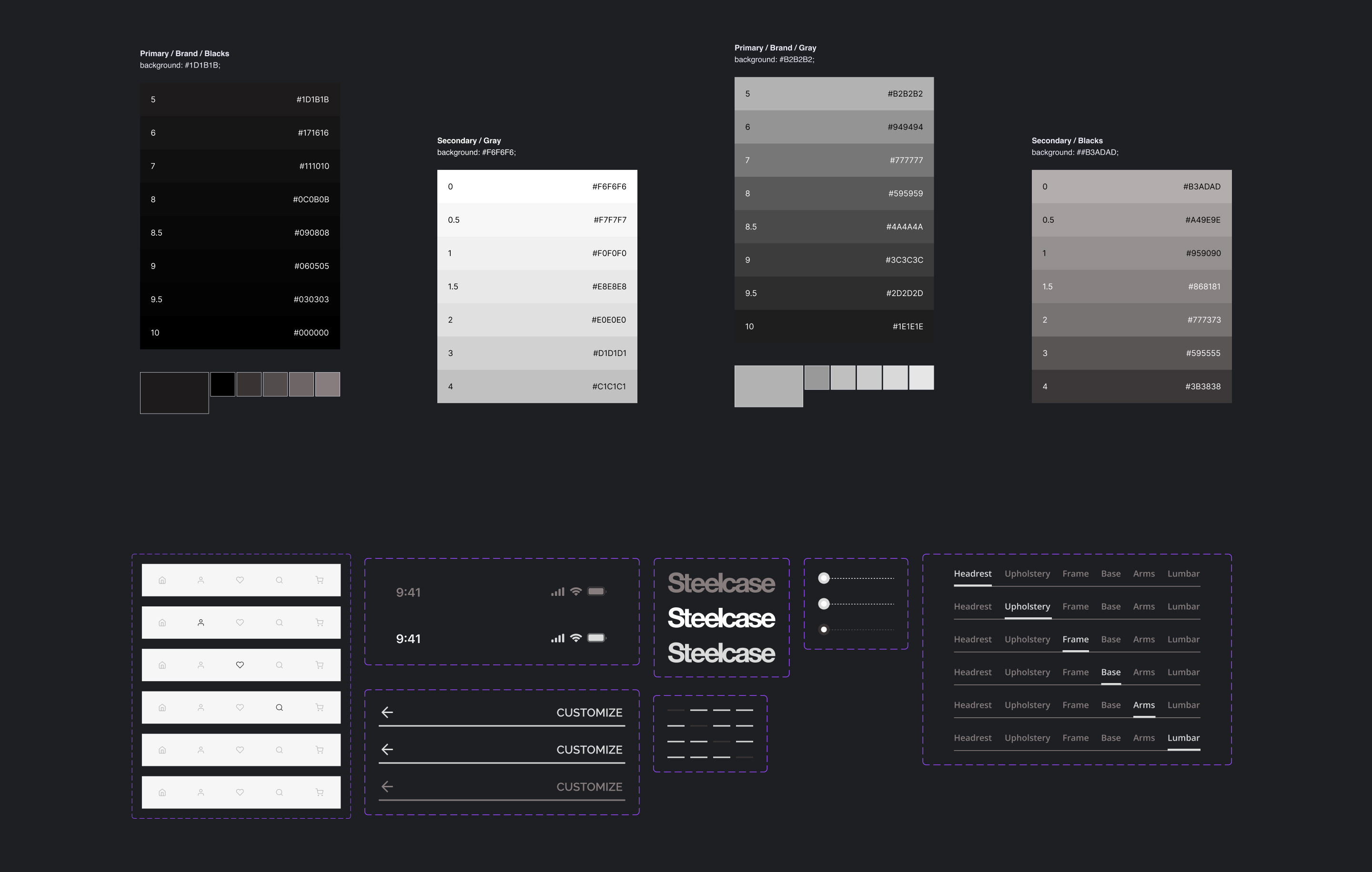 Steelcase design system — UI components, typography, and color specifications