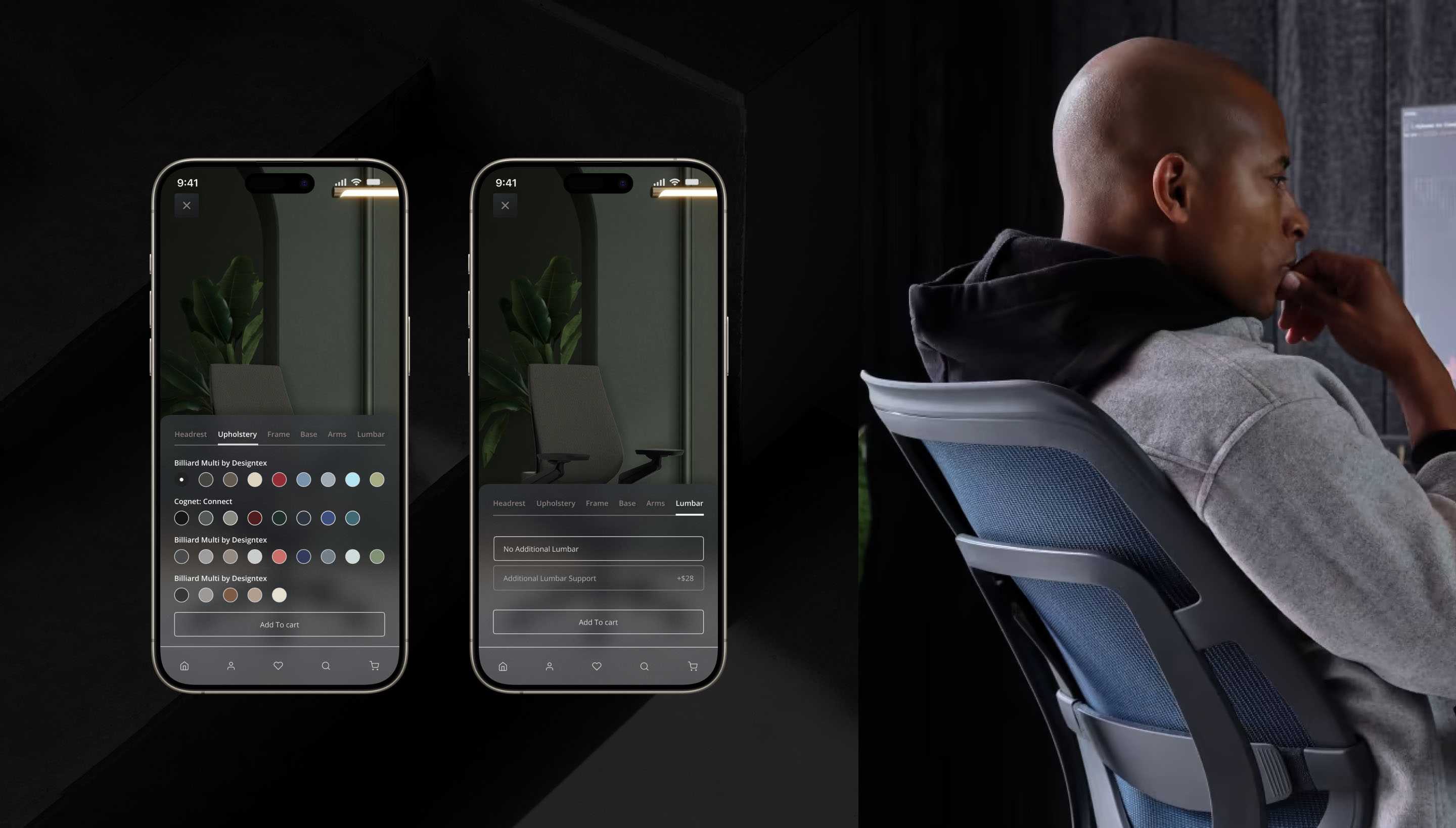 Steelcase app shopping experience — product browsing, filtering, and purchase flow